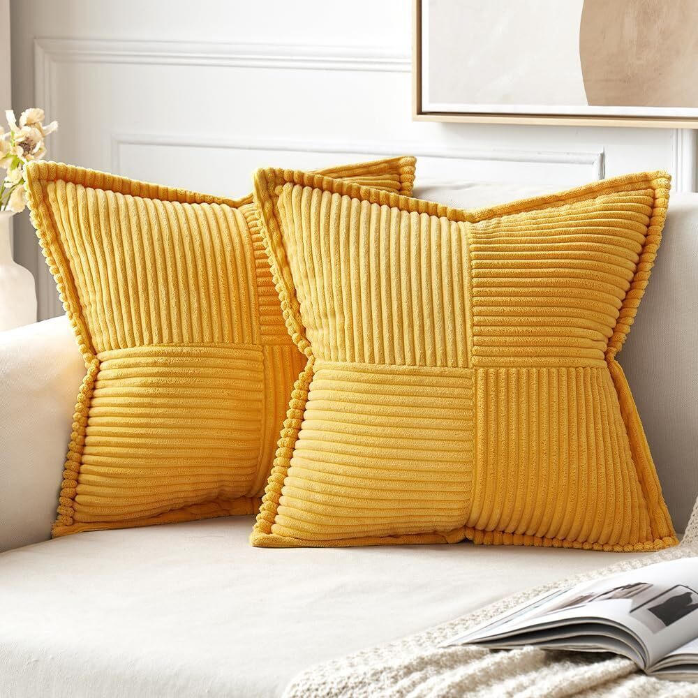 9068 Golden Yellow Corduroy Pillow Covers 18x18 Inch with Splicing Set of 2